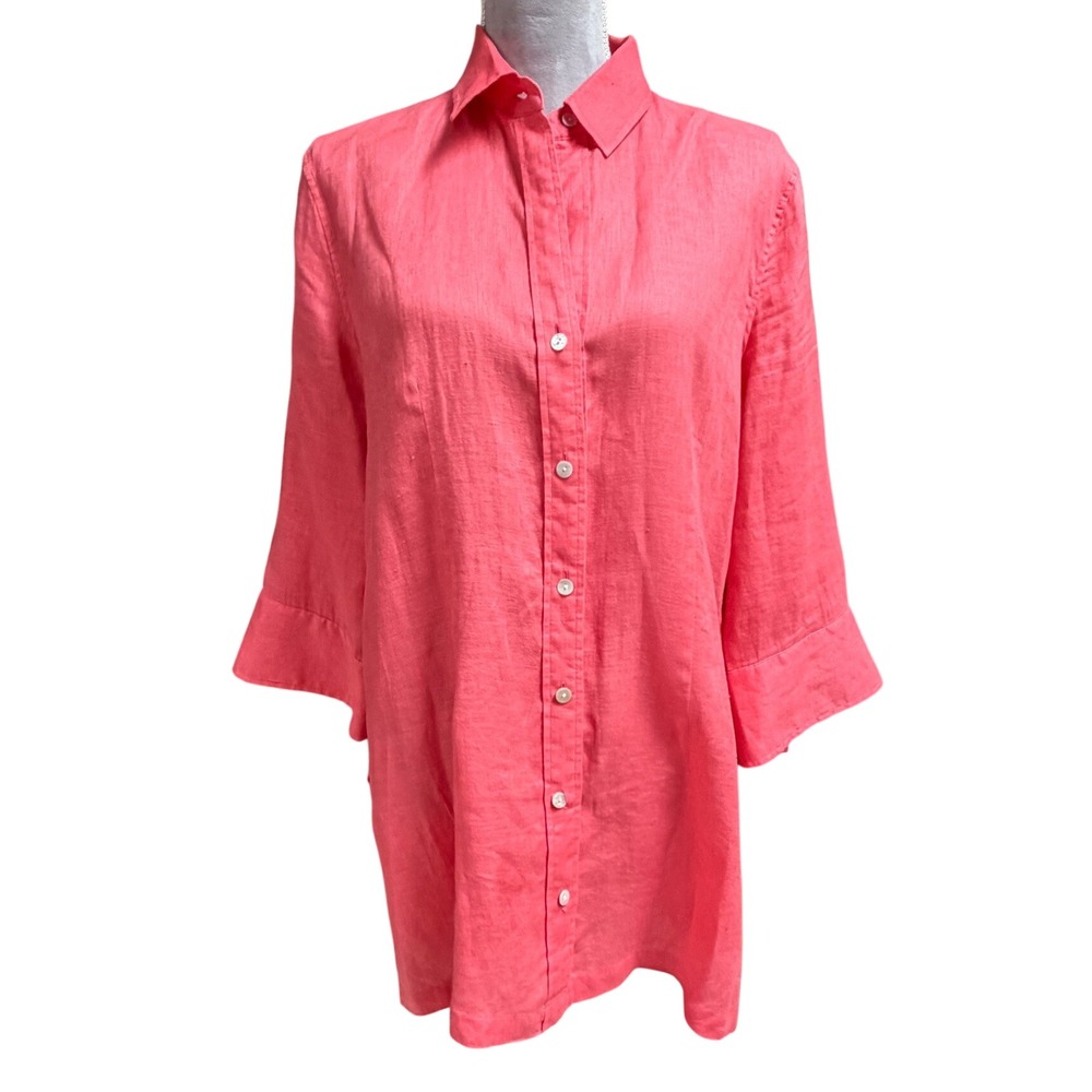 Paperwhite Linen Button Down Shirt Coral Pink 6 Tunic Top 3/4 Sleeve Coastal